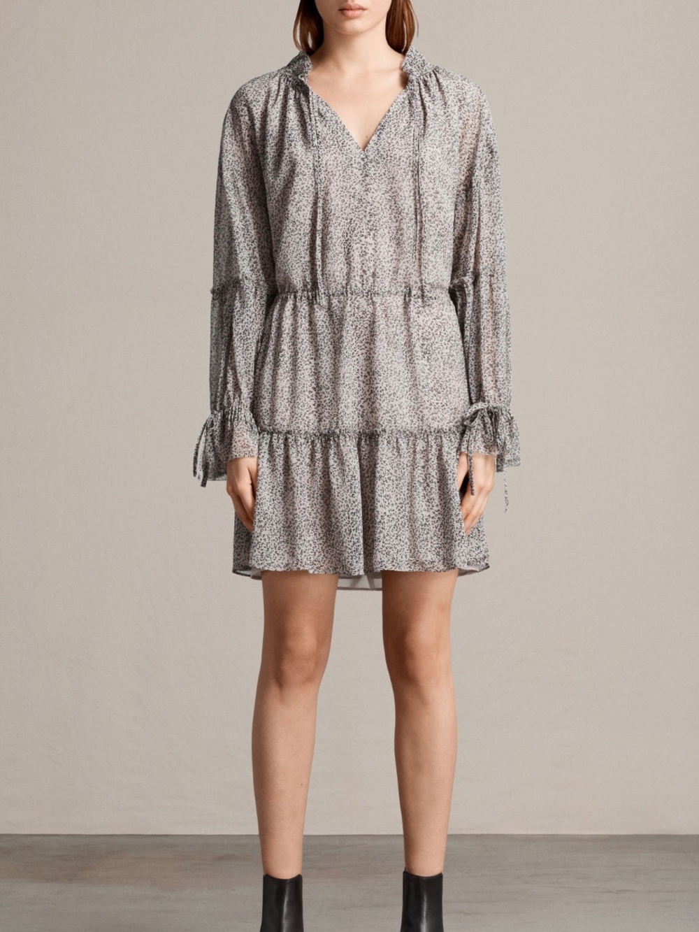 Adara Leodot All Saints Light Pink Floral Ruffle Hem Long Sleeve Dress